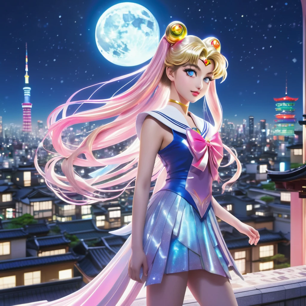 (best quality,4k,8k,highres,masterpiece:1.2),ultra-detailed,(realistic,photorealistic,photo-realistic:1.37),Sailor Moon in her magical form,standing on her rooftop,watching a shadow monster descend upon Tokyo,her magic tingling,night time,shimmering moonlight,glowing city lights,sparkling stars,magical transformation,effortlessly graceful movements,majestic rooftop garden,flowing hair,mystical wand with a crescent moon,beautifully detailed eyes,shimmering dress with pastel colors,playful ribbons floating in the wind,curved rooftops of traditional Japanese buildings,majestic skyscrapers in the background,energetic and dynamic scene,cityscape with modern architecture and neon signs,expressive and determined face,relevant anime style,serene and otherworldly atmosphere,vibrant and vibrant colors.