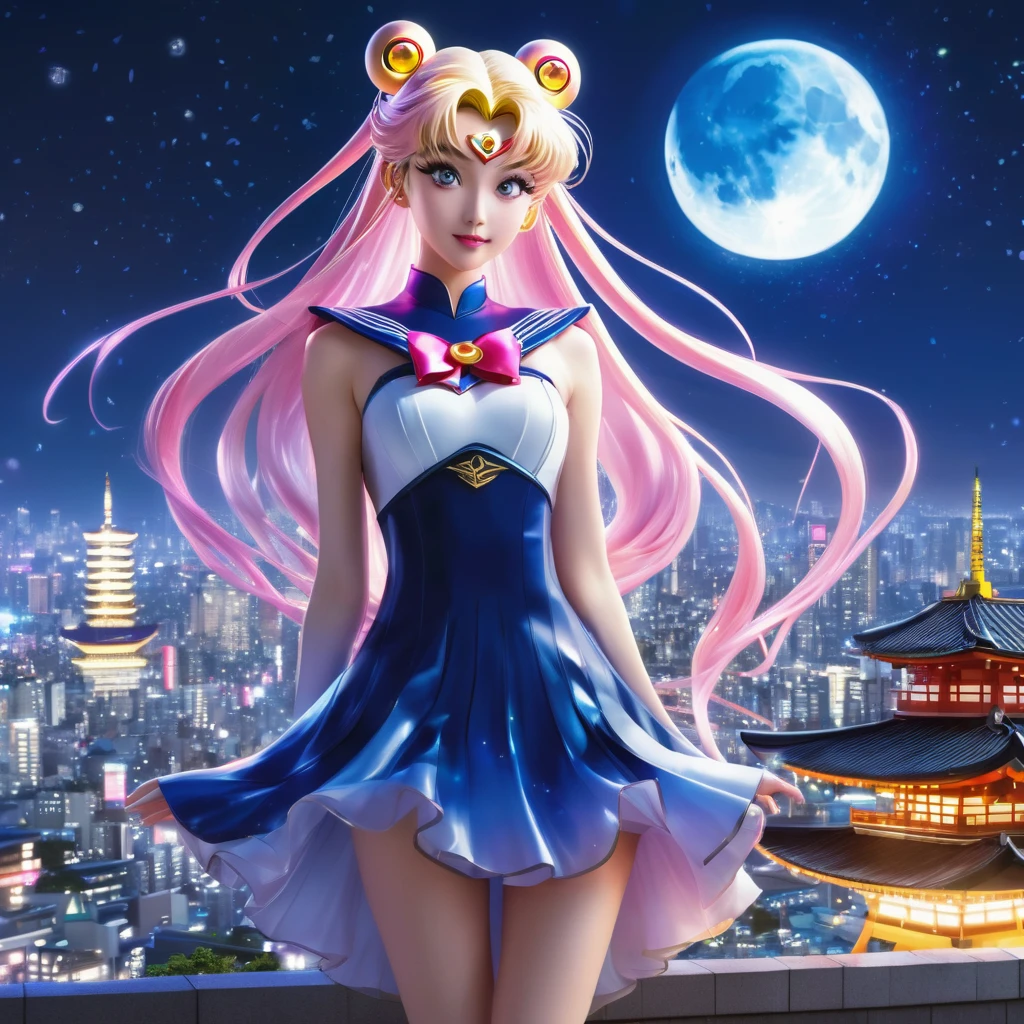 (best quality,4k,8k,highres,masterpiece:1.2),ultra-detailed,(realistic,photorealistic,photo-realistic:1.37),Sailor Moon in her magical form,standing on her rooftop,watching a shadow monster descend upon Tokyo,her magic tingling,night time,shimmering moonlight,glowing city lights,sparkling stars,magical transformation,effortlessly graceful movements,majestic rooftop garden,flowing hair,mystical wand with a crescent moon,beautifully detailed eyes,shimmering dress with pastel colors,playful ribbons floating in the wind,curved rooftops of traditional Japanese buildings,majestic skyscrapers in the background,energetic and dynamic scene,cityscape with modern architecture and neon signs,expressive and determined face,relevant anime style,serene and otherworldly atmosphere,vibrant and vibrant colors.