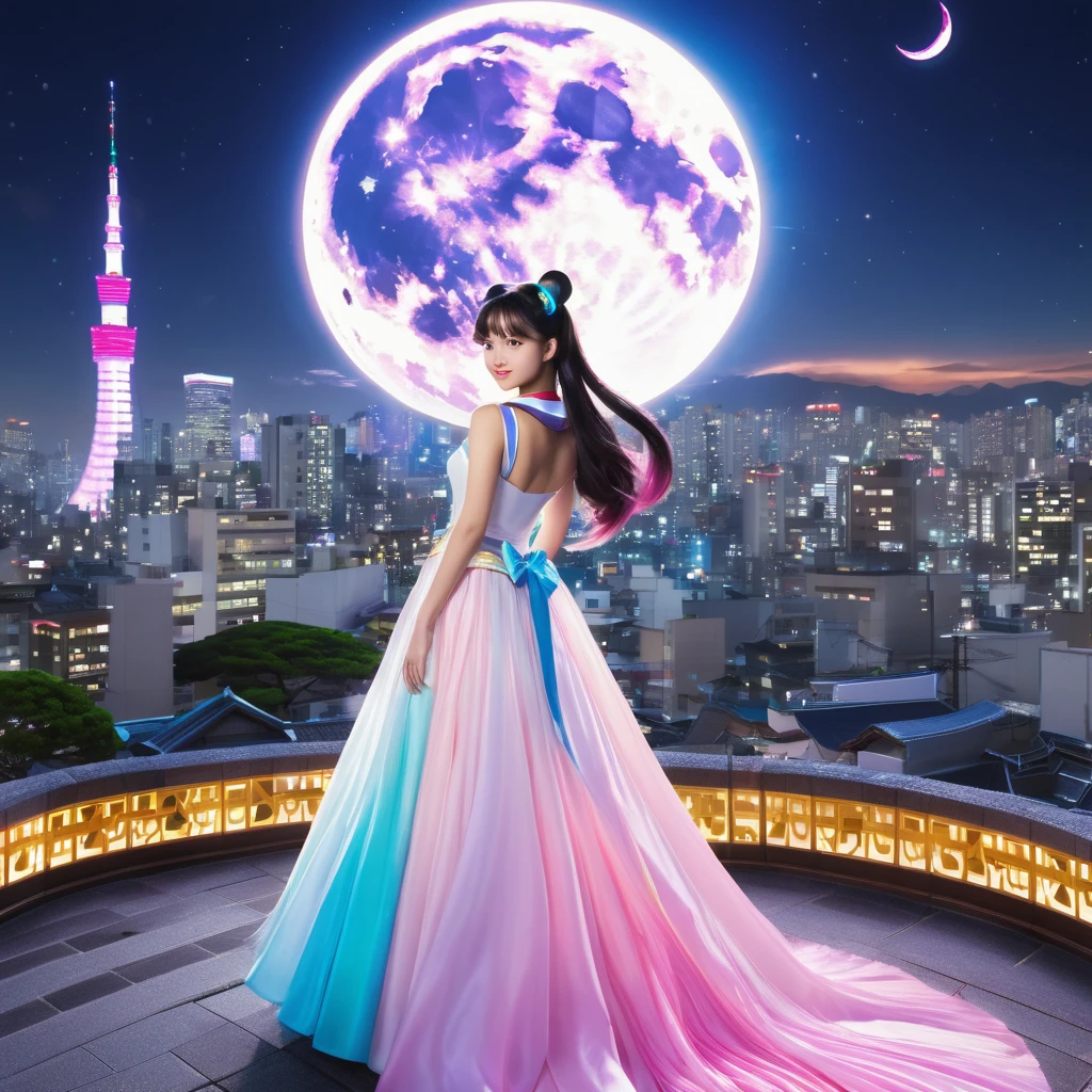 (best quality,4k,8k,highres,masterpiece:1.2),ultra-detailed,(realistic,photorealistic,photo-realistic:1.37),Sailor Moon in her magical form,standing on her rooftop,watching a shadow monster descend upon Tokyo,her magic tingling,night time,shimmering moonlight,glowing city lights,sparkling stars,magical transformation,effortlessly graceful movements,majestic rooftop garden,flowing hair,mystical wand with a crescent moon,beautifully detailed eyes,shimmering dress with pastel colors,playful ribbons floating in the wind,curved rooftops of traditional Japanese buildings,majestic skyscrapers in the background,energetic and dynamic scene,cityscape with modern architecture and neon signs,expressive and determined face,relevant anime style,serene and otherworldly atmosphere,vibrant and vibrant colors.