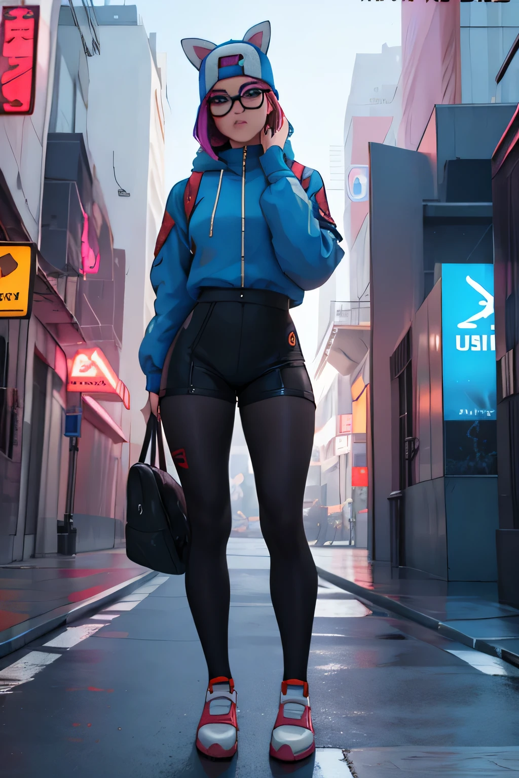 lince Cyberpunk, Noche, pulsera de picos,gorro de invierno , shorts negro con leggins Azul Marino, chaqueta azul marino , EXTREMADAMENTE DETALLADO, ROSTRO DETALLADO, gafas ,hermoso rostro, ojos finos, mirando al espectador, skateboard.