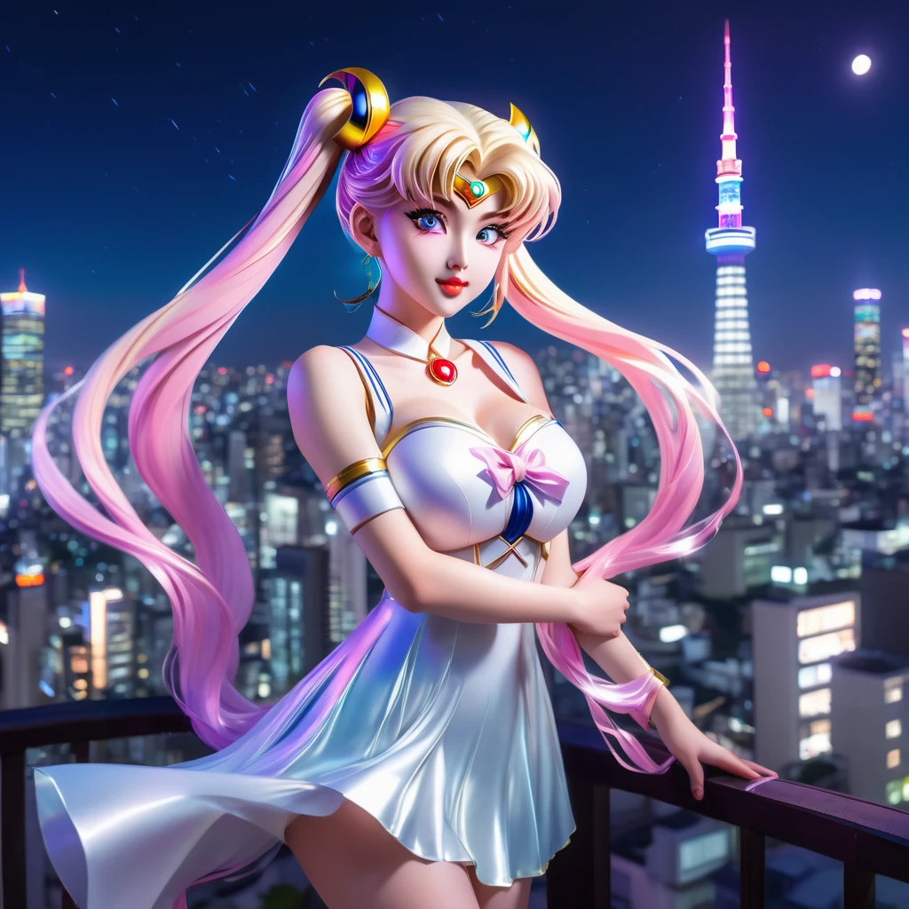 (best quality,4k,8k,highres,masterpiece:1.2),ultra-detailed,(realistic,photorealistic,photo-realistic:1.37),Sailor Moon in her magical form,standing on her rooftop,watching a shadow monster descend upon Tokyo,her magic tingling,night time,shimmering moonlight,glowing city lights,sparkling stars,magical transformation,effortlessly graceful movements,majestic rooftop garden,flowing hair,mystical wand with a crescent moon,beautifully detailed eyes,shimmering dress with pastel colors,playful ribbons floating in the wind,curved rooftops of traditional Japanese buildings,majestic skyscrapers in the background,energetic and dynamic scene,cityscape with modern architecture and neon signs,expressive and determined face,relevant anime style,serene and otherworldly atmosphere,vibrant and vibrant colors.