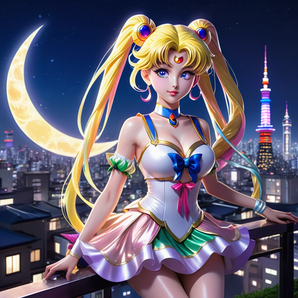 (best quality,4k,8k,highres,masterpiece:1.2),ultra-detailed,(realistic,photorealistic,photo-realistic:1.37),Sailor Moon in her magical form,standing on her rooftop,watching a shadow monster descend upon Tokyo,her magic tingling,night time,shimmering moonlight,glowing city lights,sparkling stars,magical transformation,effortlessly graceful movements,majestic rooftop garden,flowing hair,mystical wand with a crescent moon,beautifully detailed eyes,shimmering dress with pastel colors,playful ribbons floating in the wind,curved rooftops of traditional Japanese buildings,majestic skyscrapers in the background,energetic and dynamic scene,cityscape with modern architecture and neon signs,expressive and determined face,relevant anime style,serene and otherworldly atmosphere,vibrant and vibrant colors.