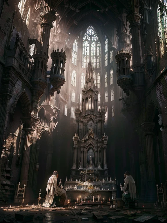 the ruins of a great cathedral, Gothic style, People knelt down and prayed, Priest, multiple environments, dirty, Cinematic light, Be very careful