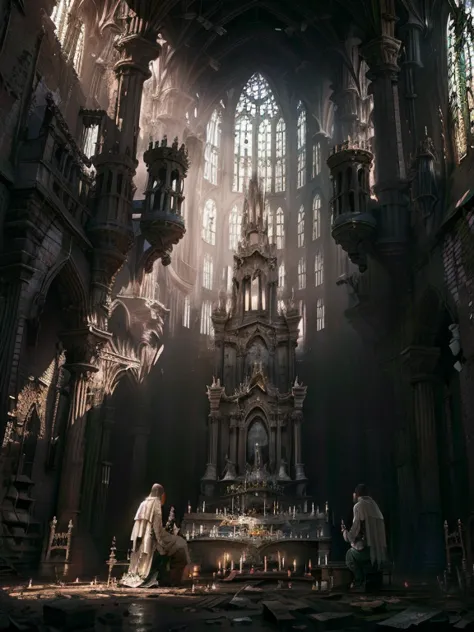 the ruins of a great cathedral, Gothic style, People knelt down and prayed, Priest, multiple environments, dirty, Cinematic ligh...