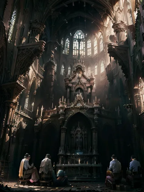 the ruins of a great cathedral, gothic style, people knelt down and prayed, priest, multiple environments, dirty, cinematic ligh...