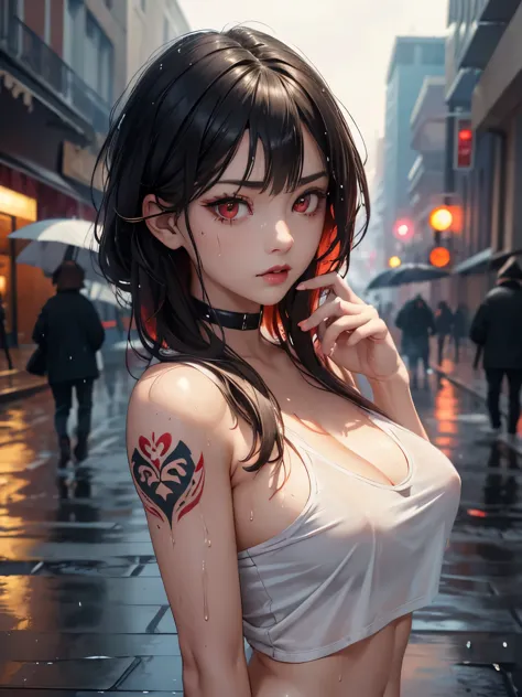 a girl, big eyes, bright eyes, red eyes, black hair with red tips, short messy hair with long sides, medium breasts wearing a wh...