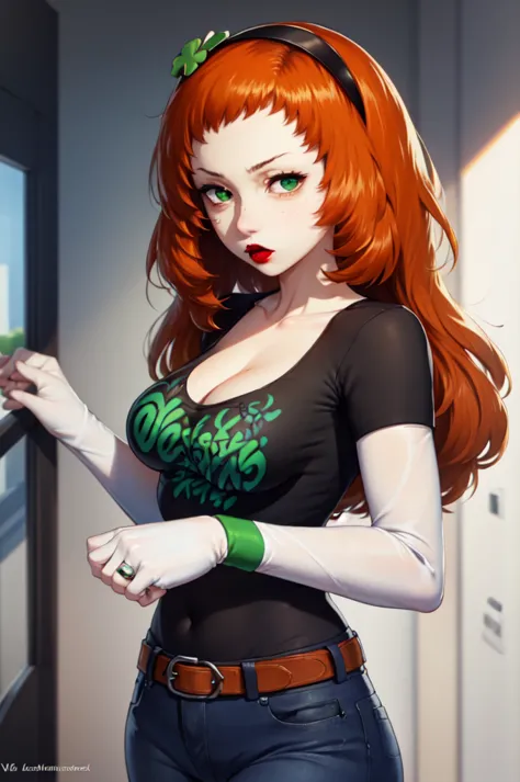(masterpiece, best quality:1.2), vivian james, orange hair, hairband, four-leaf clover, 1girl, solo, standing, black t-shirt, wh...