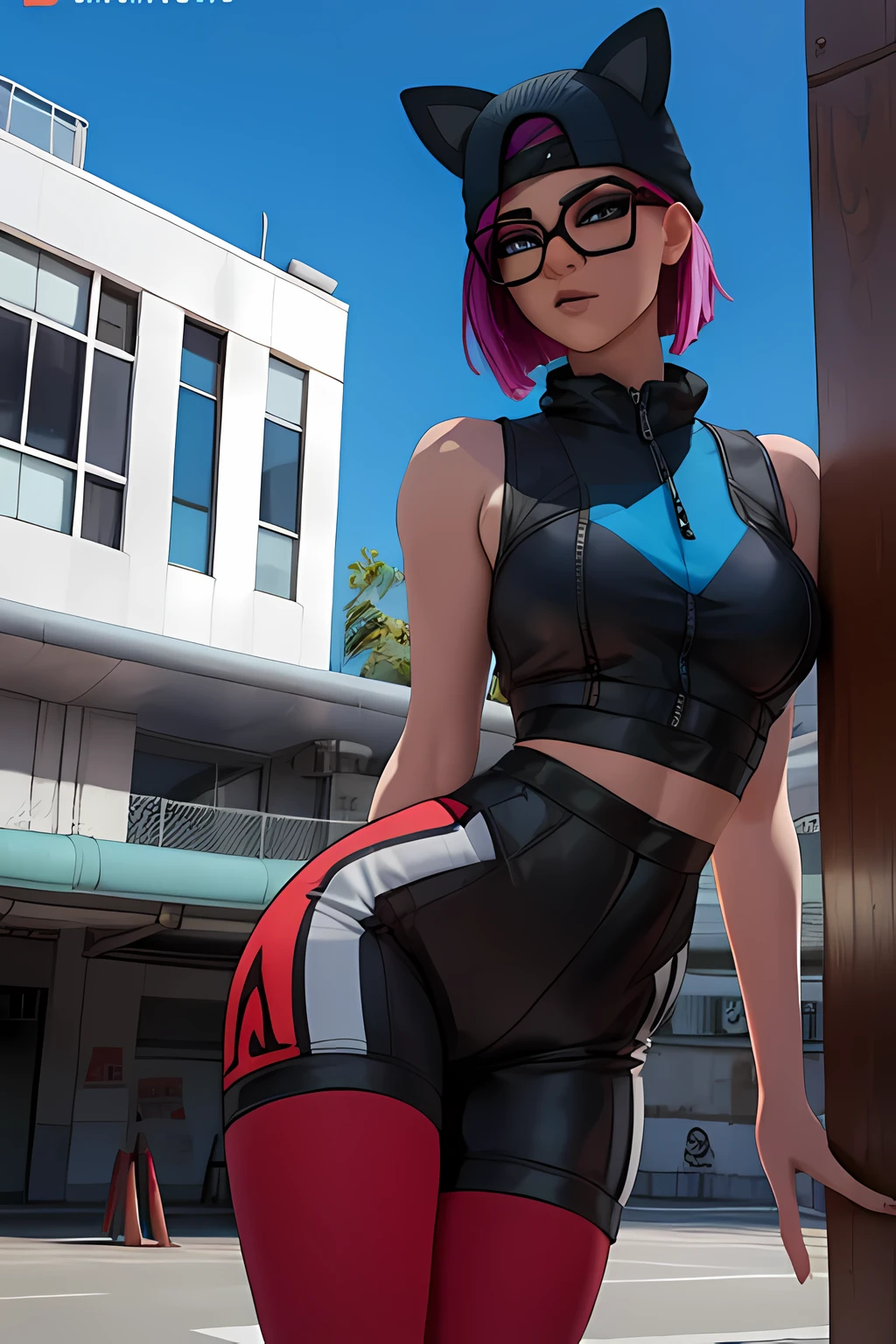 lince Cyberpunk, evening, spikes bracelet,winter hat , black shorts with navy blue leggings, navy blue jacket , extremely detailed, Detailed face, glasses ,beautiful face, fine eyes, looking at the viewer, 🛹