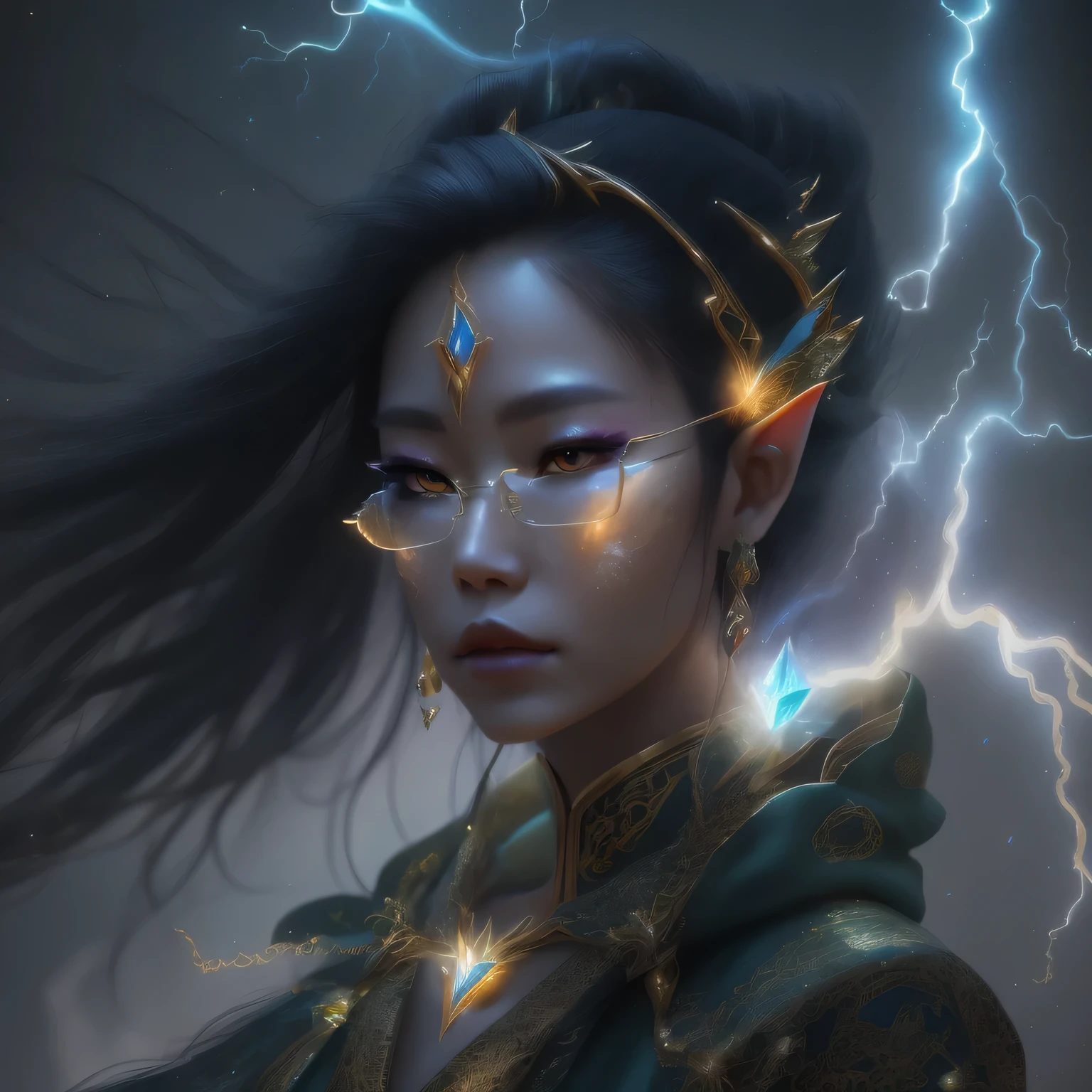 Asian fairy wearing silk hooded and glowing gloves，Lateral face，A collarless coat，Lightning hands，sunglasses，Cyberpunk smoke，（（（nmasterpiece））），（（（Side view））（Ultra-detailded）（illustration）（Detailed lighting）（（Telephoto Tilt-Shift））（nmasterpiece）（Best quality）（Ultra-detailded）（photorealestic），（Detailed light），（（an extremely delicate and beautiful one），（（faerie）），（（lightning in hand）），Lightning surrounds the fairy，（（lightning chain）），Suspended crystals，There is lightning inside the crystal，