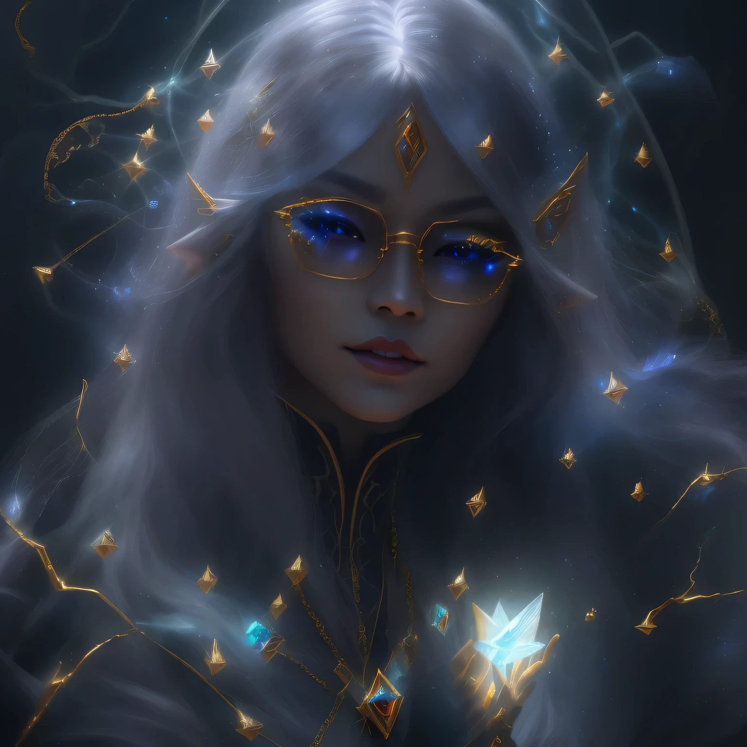 Asian fairy wearing silk hooded and glowing gloves，Lateral face，A collarless coat，Lightning hands，sunglasses，Cyberpunk smoke，（（（nmasterpiece））），（（（Side view））（Ultra-detailded）（illustration）（Detailed lighting）（（Telephoto Tilt-Shift））（nmasterpiece）（Best quality）（Ultra-detailded）（photorealestic），（Detailed light），（（an extremely delicate and beautiful one），（（faerie）），（（lightning in hand）），Lightning surrounds the fairy，（（lightning chain）），Suspended crystals，There is lightning inside the crystal，