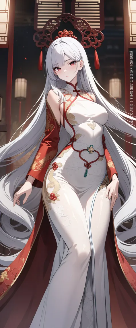 unparalleled masterpiece, ultra realistic 8k CG, perfect artwork, ((perfect female figure)), white hair, red eyes, mature female...