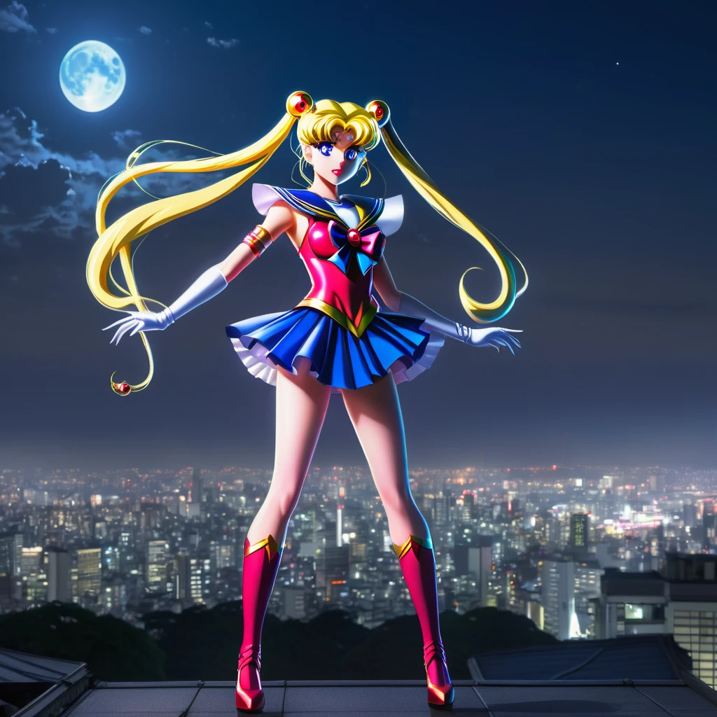 (best quality,4k,8k,highres,masterpiece:1.2),ultra-detailed,(realistic,photorealistic,photo-realistic:1.37),Sailor Moon in her magical form,standing on her rooftop,watching a shadow monster descend upon Tokyo,her magic tingling,night time,shimmering moonlight,glowing city lights,sparkling stars,magical transformation,effortlessly graceful movements,majestic rooftop garden,flowing hair,mystical wand with a crescent moon,beautifully detailed eyes,shimmering dress with pastel colors,playful ribbons floating in the wind,curved rooftops of traditional Japanese buildings,majestic skyscrapers in the background,energetic and dynamic scene,cityscape with modern architecture and neon signs,expressive and determined face,relevant anime style,serene and otherworldly atmosphere,vibrant and vibrant colors.