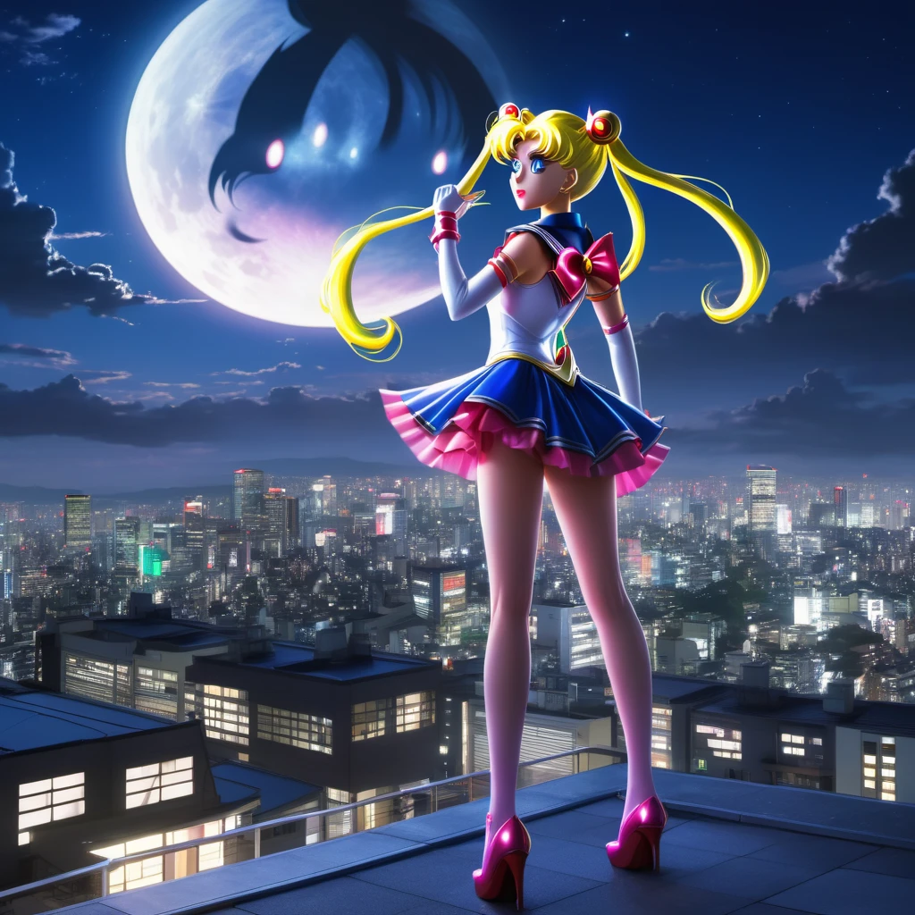 (best quality,4k,8k,highres,masterpiece:1.2),ultra-detailed,(realistic,photorealistic,photo-realistic:1.37),Sailor Moon in her magical form,standing on her rooftop,watching a shadow monster descend upon Tokyo,her magic tingling,night time,shimmering moonlight,glowing city lights,sparkling stars,magical transformation,effortlessly graceful movements,majestic rooftop garden,flowing hair,mystical wand with a crescent moon,beautifully detailed eyes,shimmering dress with pastel colors,playful ribbons floating in the wind,curved rooftops of traditional Japanese buildings,majestic skyscrapers in the background,energetic and dynamic scene,cityscape with modern architecture and neon signs,expressive and determined face,relevant anime style,serene and otherworldly atmosphere,vibrant and vibrant colors.