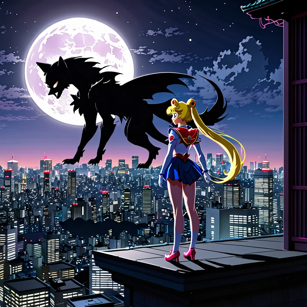 (best quality,4k,8k,highres,masterpiece:1.2),ultra-detailed,(realistic,photorealistic,photo-realistic:1.37),Sailor Moon in her magical form,standing on her rooftop,watching a shadow monster descend upon Tokyo,her magic tingling,night time,shimmering moonlight,glowing city lights,sparkling stars,magical transformation,effortlessly graceful movements,majestic rooftop garden,flowing hair,mystical wand with a crescent moon,beautifully detailed eyes,shimmering dress with pastel colors,playful ribbons floating in the wind,curved rooftops of traditional Japanese buildings,majestic skyscrapers in the background,energetic and dynamic scene,cityscape with modern architecture and neon signs,expressive and determined face,relevant anime style,serene and otherworldly atmosphere,vibrant and vibrant colors.