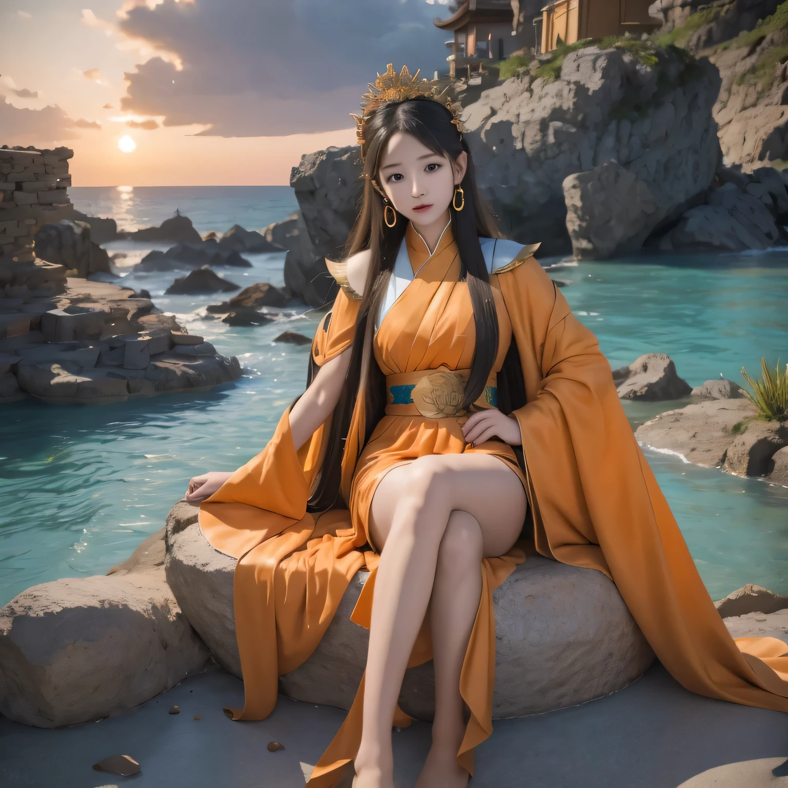 Estudiante de secundaria con un vestido de gasa de color naranja brillante sentado en una gran estatua 鹿角, reina del mar mu 奈斯 ling, cinematográfico, by Super Realism, el retrato de la niña dragón, Fantasía de Guan Xiaotong, wl op y ross lluvia de invierno, ross netflix drama y cruce, cuerpo completo, Disfraz de Ross 8k,Hanfujia y el germen del arte, Falda con cara de caballo y estrella internacional fan de la ciencia ficción., 1 chica, solo