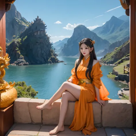 Middle school student in bright orange chiffon dress sitting on a large 鹿角 statue, queen of the sea mu 奈斯 ling, cinematic, by Su...