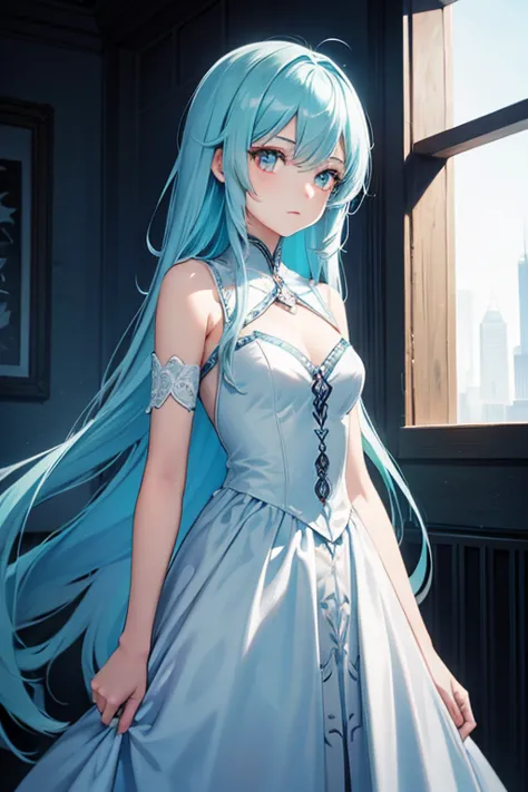 Silver Eyes，Long light cyan hair，Solitary, 1 girl，Elegant