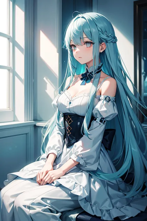 Silver Eyes，Long light cyan hair，Solitary, 1 girl，Elegant