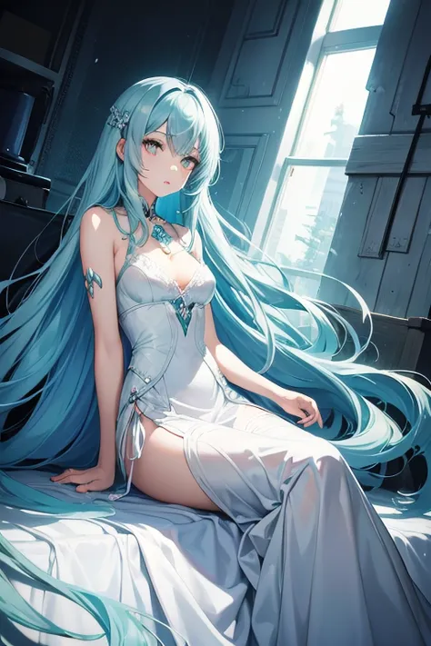 silver eyes，long light cyan hair，solitary, 1 girl，elegant