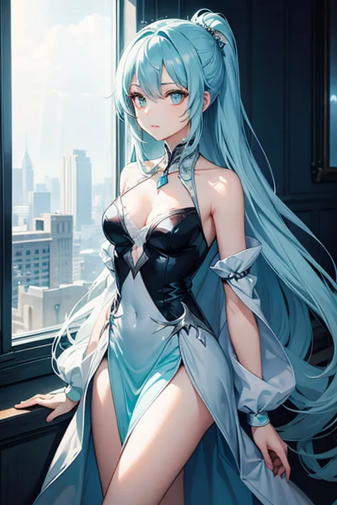 Silver Eyes，Long light cyan hair，Solitary, 1 girl，Elegant