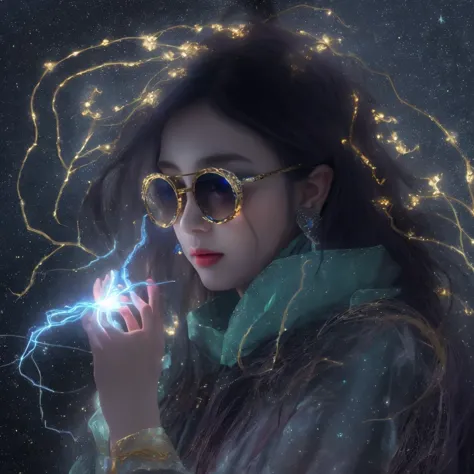 asian fairy wearing silk hooded and glowing gloves，lateral face，a collarless coat，lightning hands，sunglasses，cyberpunk smoke，（（（...