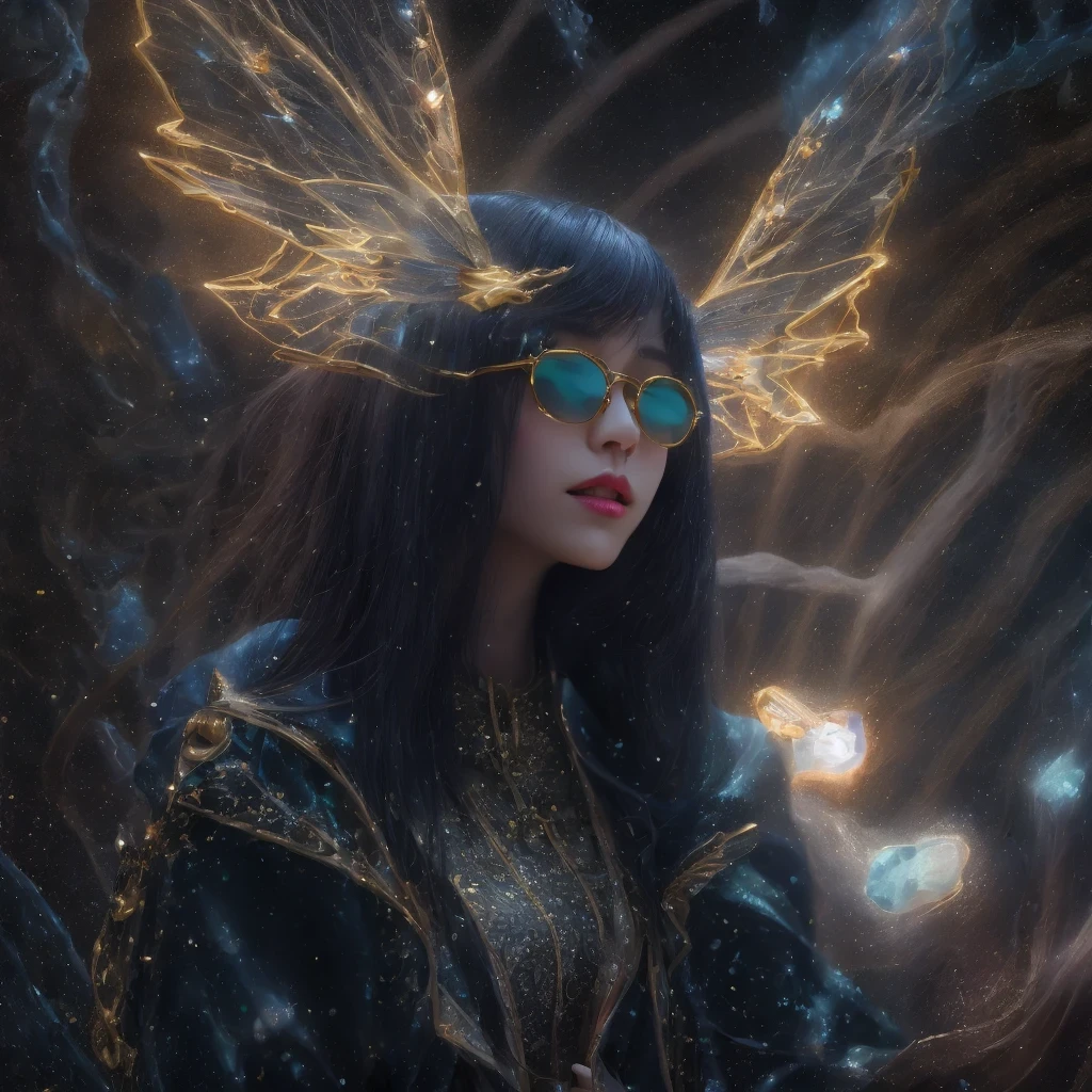 Asian fairy wearing silk hooded and glowing gloves，Lateral face，A collarless coat，Lightning hands，sunglasses，Cyberpunk smoke，（（（nmasterpiece））），（（（Side view））（Ultra-detailded）（illustration）（Detailed lighting）（（Telephoto Tilt-Shift））（nmasterpiece）（sunny day background）（Ultra-detailded）（photorealestic），（Detailed light），（（an extremely delicate and beautiful one），（（faerie）），（（lightning in hand）），Lightning surrounds the fairy，（（lightning chain）），Suspended crystals，There is lightning inside the crystal，