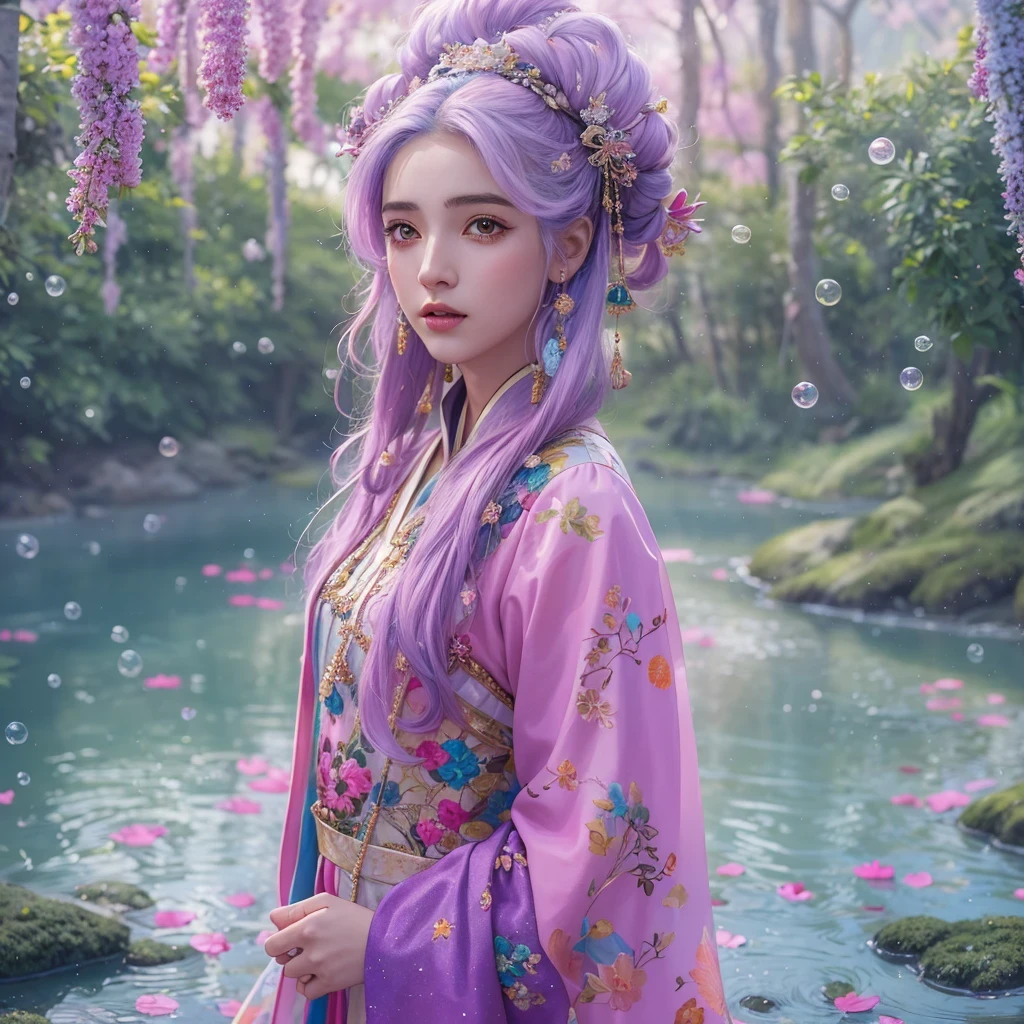 Snow hoop exclusion area 32K（tmasterpiece，k hd，hyper HD，32K）Long flowing purple-pink hair，Autumn Pond，zydink， a color， Tongzhou people （Girl with glowing eyes）， （Thin silk scarf）， Side squat position， looking at the ground， long whitr hair， Floating hair， Python headdress， Chinese long-sleeved clothing， （abstract ink splash：1.2）， white backgrounid，Lotus protector（realisticlying：1.4），Purple-pink hair，Snowflakes fluttering，The background is pure， A high resolution， the detail， RAW photogr， Sharp Re， Nikon D850 Film Stock Photo by Jefferies Lee 4 Kodak Portra 400 Camera F1.6 shots, Rich colors, ultra-realistic vivid textures, Dramatic lighting, Unreal Engine Art Station Trend, cinestir 800，Long flowing purple-pink hair，((masterpiece)). This artwork is sweet, dreamy and ethereal, with soft pink watercolor hues and candy accents. Generate a delicate and demure fae exploring a (bubblegum world with a wide variety of pastel shades). Her sweet face is extremely detailed and realistic with elegant features and a fierce expression, and looks like ((((naomi scott)))). Include mature features and stunning, highly realistic eyes. Her eyes are important and should be realistic, highly detailed, and beautiful. In high definition and detail, include lots of details like stars, galaxies, colorful bubbles, colorful petals, and lots of energy and emotion! The stars and colorful bubblegum bubbles are important! Include fantasy details, enhanced details, iridescence, colorful glittering wind, and pollen. Pay special attention to her face and make sure it is beautifully and realistically detailed. The image should be dreamy and ethereal.8k, intricate, elegant, highly detailed, majestic, digital photography