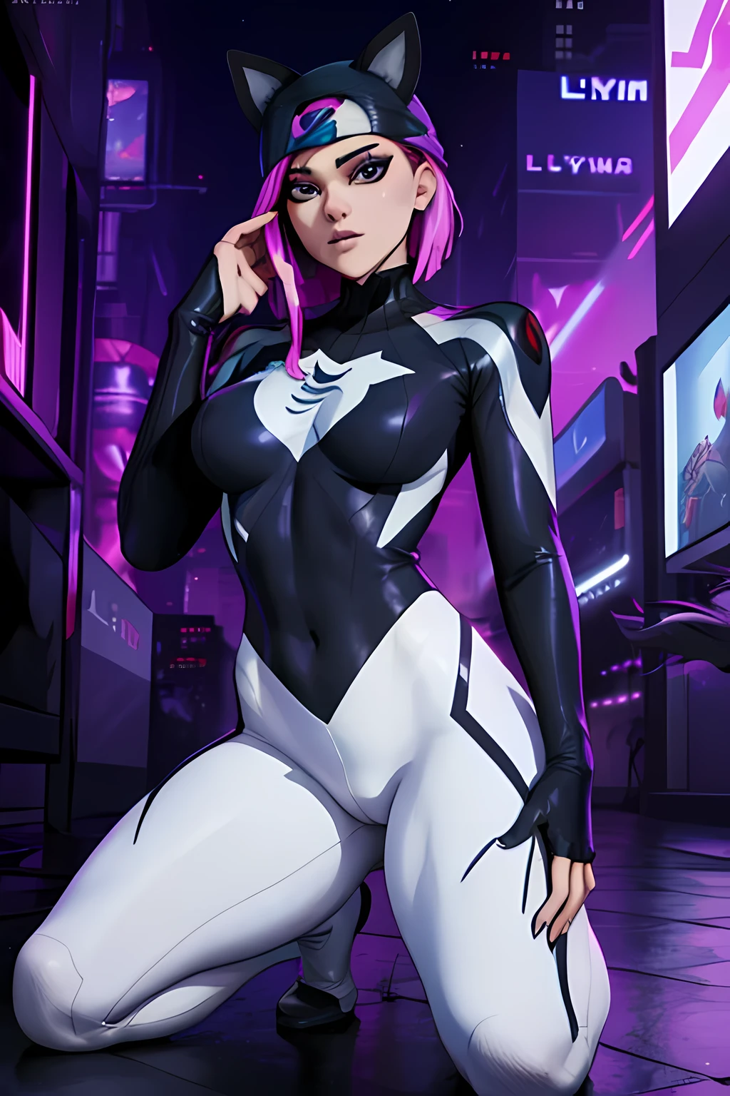  lynx spider costume Gwen, face mask,  black and white, black leggings, heroic pose , cyberpunk, evening