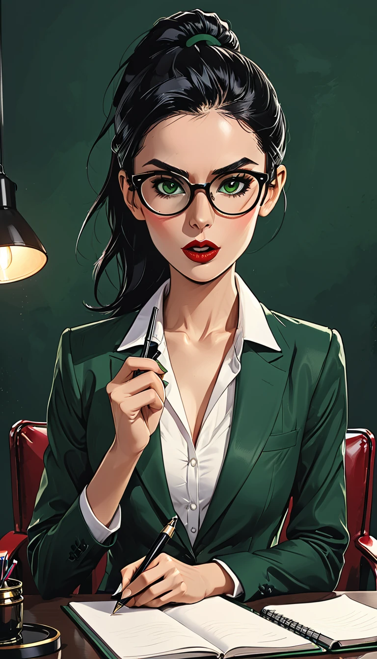 a girl sits in a chair with a notepad and a pen, a hand holds a pen, a girl in a classic dark green suit with round glasses and a white shirt (on a dark office background), (open mouth), (mouth opened), adult, [European], Ectomorph elongated body, slim body, skinny, perfect white skin, Long Diamond type Face, Long slim neck, broad shoulders, long slim thin arms, long fingers on the hands, round forehead, Attached Pointed ears, Long Sleek Straight Ponytail Slicked back black Hair, Hawk long Nose, Upturned Eyes type, Bold Tapered Eyebrows, Angular Narrow Symmetrical Cheekbones, Hollow Cheeks, Square Chin, Square Jawline, Heart Shaped nude Lips, Fine Puppet Wrinkles, (dark green eyes), Cut Crease make up style, Full on Top or Bottom breasts, second breast size, narrow hips, Slim thighs, graphic style of novel comics, perfect hands, 2d, 8k, hyperrealism, masterpiece, high resolution, best quality, ultra-detailed, super realistic, Hyperrealistic art, high-quality, ultra high res, highest detailed, lot of details, Extremely high-resolution details, incredibly lifelike, colourful, soft cinematic light,