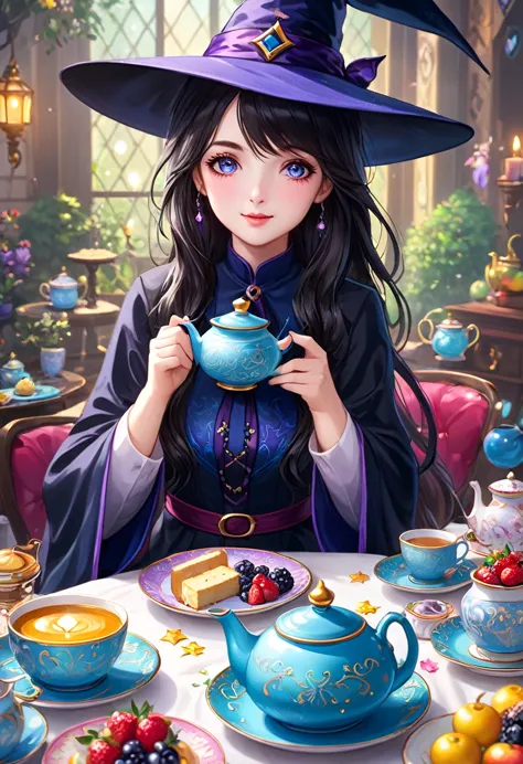 masterpiece, highest quality, magic使いのティーパーティー, magic tea party, magic, little, handsome witch, highly detailed realistic eyes, ...