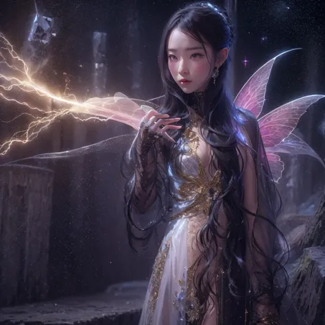 asian fairy wearing silk hooded and glowing gloves，lateral face，a collarless coat，lightning hands，sunglasses，cyberpunk smoke，（（（...