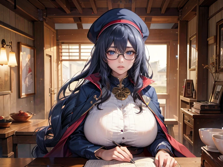 超Practical，Reality，Practical，30 years old Korean adult，Solitary, woman, Bronze skin, curls, (((Long hair))), Light mahogany hair, Lipstick, Eyeliner, eyelash, thick eyelash, Huge Breasts, Linen coat, (Navy Cape), Glasses, Fantasy Village, mature woman