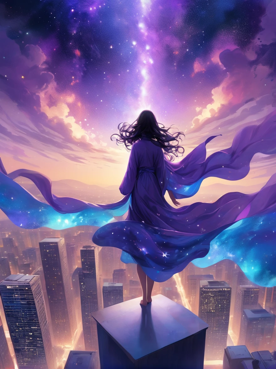 A female figure standing on the rooftop of a high-rise building, Rooftop Focus，Surrounded by swirling currents of cosmic energy, In a dream, hazy scenery. The human silhouette is wrapped in fluidity, A flowing robe that blends in with the flow of heaven, The sky is a tapestry of deep purples and blues, Scattered with stars, The scenery below uses soft, rolling tall buildings. The scene is peaceful and sublime, Capturing the magnificent essence of the universe in a single way, Contemplative figure standing in awe