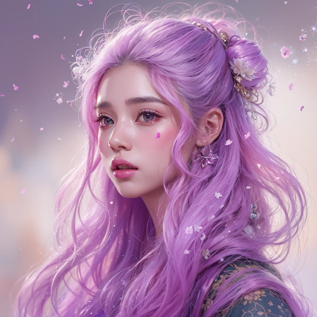 （（（Single eyelid）））Snow hoop exclusion area 32K（tmasterpiece，k hd，hyper HD，32K）Long flowing purple-pink hair，Autumn Pond，zydink， a color， Tongzhou people （Girl with glowing eyes）， （Thin silk scarf）， Side squat position， looking at the ground， long whitr hair， Floating hair， Python headdress， Chinese long-sleeved clothing， （abstract ink splash：1.2）， white backgrounid，Lotus protector（realisticlying：1.4），Purple-pink hair，Snowflakes fluttering，The background is pure， A high resolution， the detail， RAW photogr， Sharp Re， Nikon D850 Film Stock Photo by Jefferies Lee 4 Kodak Portra 400 Camera F1.6 shots, Rich colors, ultra-realistic vivid textures, Dramatic lighting, Unreal Engine Art Station Trend, cinestir 800，Long flowing purple-pink hair，((masterpiece)). This artwork is sweet, dreamy and ethereal, with soft pink watercolor hues and candy accents. Generate a delicate and demure fae exploring a (bubblegum world with a wide variety of pastel shades). Her sweet face is extremely detailed and realistic with elegant features and a fierce expression, and looks like ((((naomi scott)))). Include mature features and stunning, highly realistic eyes. Her eyes are important and should be realistic, highly detailed, and beautiful. In high definition and detail, include lots of details like stars, galaxies, colorful bubbles, colorful petals, and lots of energy and emotion! The stars and colorful bubblegum bubbles are important! Include fantasy details, enhanced details, iridescence, colorful glittering wind, and pollen. Pay special attention to her face and make sure it is beautifully and realistically detailed. The image should be dreamy and ethereal.8k, intricate, elegant, highly detailed, majestic, digital photography