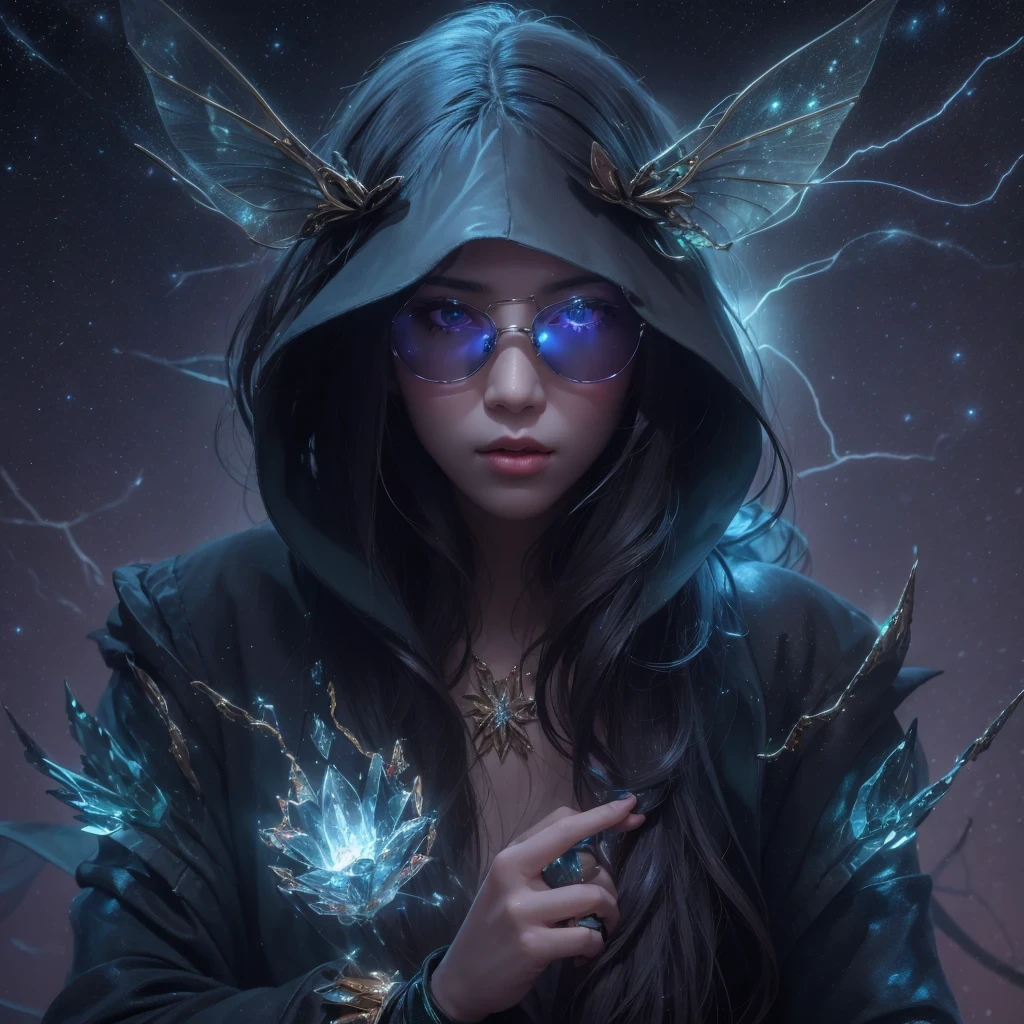 Asian fairy wearing silk hooded and glowing gloves，Lateral face，A collarless coat，Lightning hands，sunglasses，Cyberpunk smoke，（（（nmasterpiece））），（（（Side view））（Ultra-detailded）（illustration）（Detailed lighting）（（Telephoto Tilt-Shift））（nmasterpiece）（sunny day background）（Ultra-detailded）（photorealestic），（Detailed light），（（an extremely delicate and beautiful one），（（faerie）），（（lightning in hand）），Lightning surrounds the fairy，（（lightning chain）），Suspended crystals，There is lightning inside the crystal，