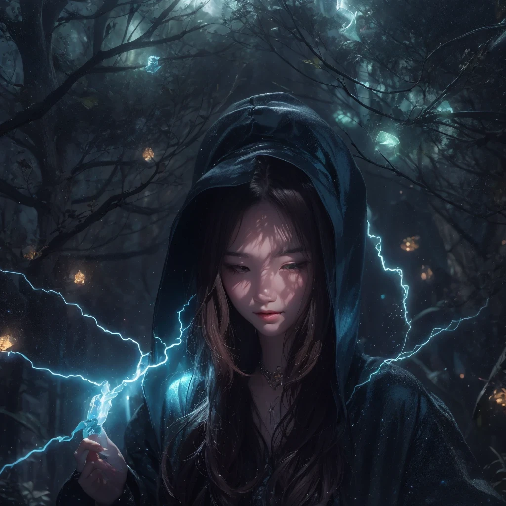 Asian fairy wearing silk hooded and glowing gloves，Lateral face，A collarless coat，Lightning hands，sunglasses，Cyberpunk smoke，（（（nmasterpiece））），（（（Side view））（Ultra-detailded）（illustration）（Detailed lighting）（（Telephoto Tilt-Shift））（nmasterpiece）（sunny day background）（Ultra-detailded）（photorealestic），（Detailed light），（（an extremely delicate and beautiful one），（（faerie）），（（lightning in hand）），Lightning surrounds the fairy，（（lightning chain）），Suspended crystals，There is lightning inside the crystal，