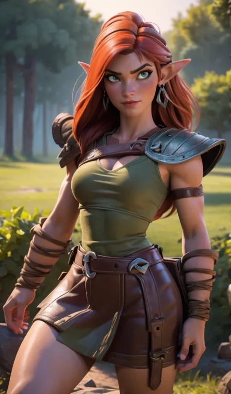 8k, (masterpiece, best quality)+ cowboy shot of a barbarian elf (like the real thing)+ realistic skin, looking at viewer, short ...