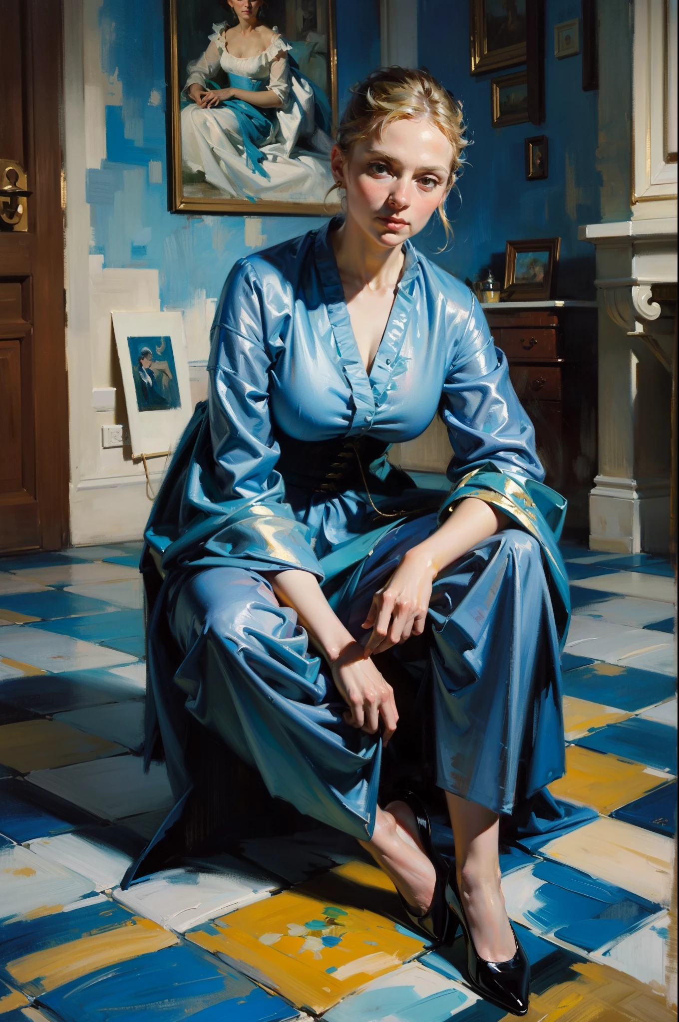 Oil painting, large brush strokes, woman in a blue 18th century dress, sitting on a tiled floor, painted tiles, full body portrait painting, inspired by Picasso inspired by Monet inspired by WLOP, prize winning artwork, oil painting by a master painter, detailed brush strokes, deep color values, true impression, breath taking beautiful