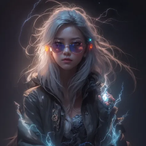 Asian fairy wearing silk hooded and glowing gloves，Lateral face，A collarless coat，Lightning hands，sunglasses，Cyberpunk smoke，（（（...