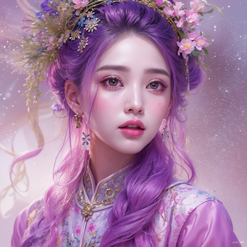 （（（Single eyelid）））Snow hoop exclusion area 32K（tmasterpiece，k hd，hyper HD，32K）Long flowing purple-pink hair，Autumn Pond，zydink， a color， Tongzhou people （Girl with glowing eyes）， （Thin silk scarf）， Side squat position， looking at the ground， long whitr hair， Floating hair， Python headdress， Chinese long-sleeved clothing， （abstract ink splash：1.2）， white backgrounid，Lotus protector（realisticlying：1.4），Purple-pink hair，Snowflakes fluttering，The background is pure， A high resolution， the detail， RAW photogr， Sharp Re， Nikon D850 Film Stock Photo by Jefferies Lee 4 Kodak Portra 400 Camera F1.6 shots, Rich colors, ultra-realistic vivid textures, Dramatic lighting, Unreal Engine Art Station Trend, cinestir 800，Long flowing purple-pink hair，((masterpiece)). This artwork is sweet, dreamy and ethereal, with soft pink watercolor hues and candy accents. Generate a delicate and demure fae exploring a (bubblegum world with a wide variety of pastel shades). Her sweet face is extremely detailed and realistic with elegant features and a fierce expression, and looks like ((((naomi scott)))). Include mature features and stunning, highly realistic eyes. Her eyes are important and should be realistic, highly detailed, and beautiful. In high definition and detail, include lots of details like stars, galaxies, colorful bubbles, colorful petals, and lots of energy and emotion! The stars and colorful bubblegum bubbles are important! Include fantasy details, enhanced details, iridescence, colorful glittering wind, and pollen. Pay special attention to her face and make sure it is beautifully and realistically detailed. The image should be dreamy and ethereal.8k, intricate, elegant, highly detailed, majestic, digital photography