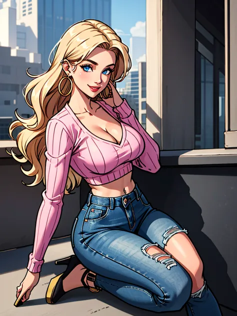 sexy-bombshell of a woman wearing an ultra-tight fuzzy pink long-sleeve v-neck sweater, exposed midriff, and highrise jeans. hoo...