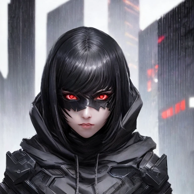 ((best quality)), ((masterpiece)), (detailed), perfect face, short wavy black hair color, sharp eyes, dark black eyeballs, cyberpunk masker, black hoodie color, profile picture, dark light background. 