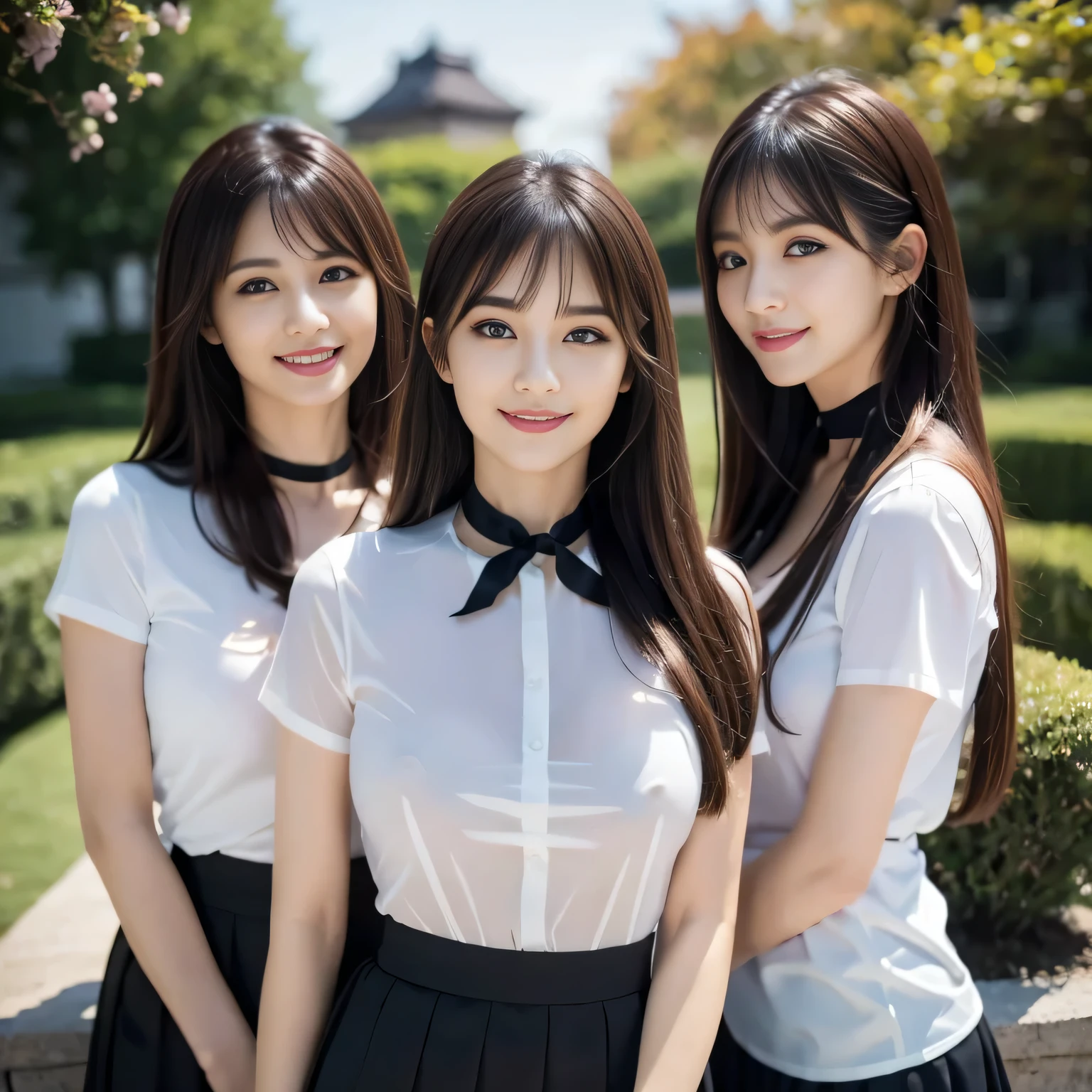 Group photo, Group photo, Very beautiful women, Highly detailed eyes, Highly detailed face,  Sexy and highly detailed lips, Super detailed everything, Attractive woman, Black Choker, blue eyes, Very long eyelashes, bangs, Big Breasts, ((smile)), highest quality, masterpiece, ((Slim face)), Japanese actress, servant, ((High nose)), ((Tight shirt、See-through shirt)), Happy atmosphere, Fun smile,, mini skirt, garden