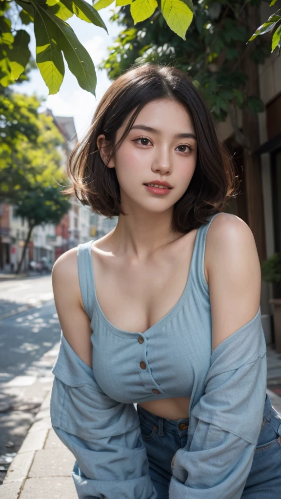 (1个Giant Breast Girl，a color，（tmasterpiece：1.4），（Best picture quality：1.4），8K，Girls HD，Ultra-clear，1个Giant Breast Girl，double eyelid，（Europe），Be red in the face，blue-sky，baiyun，shadowing，Leaf spots，Tyndall Sunshine，（orthofacial），big laughter，dimple，teeth showing，（stacked curly in short  Bob  :1.3）