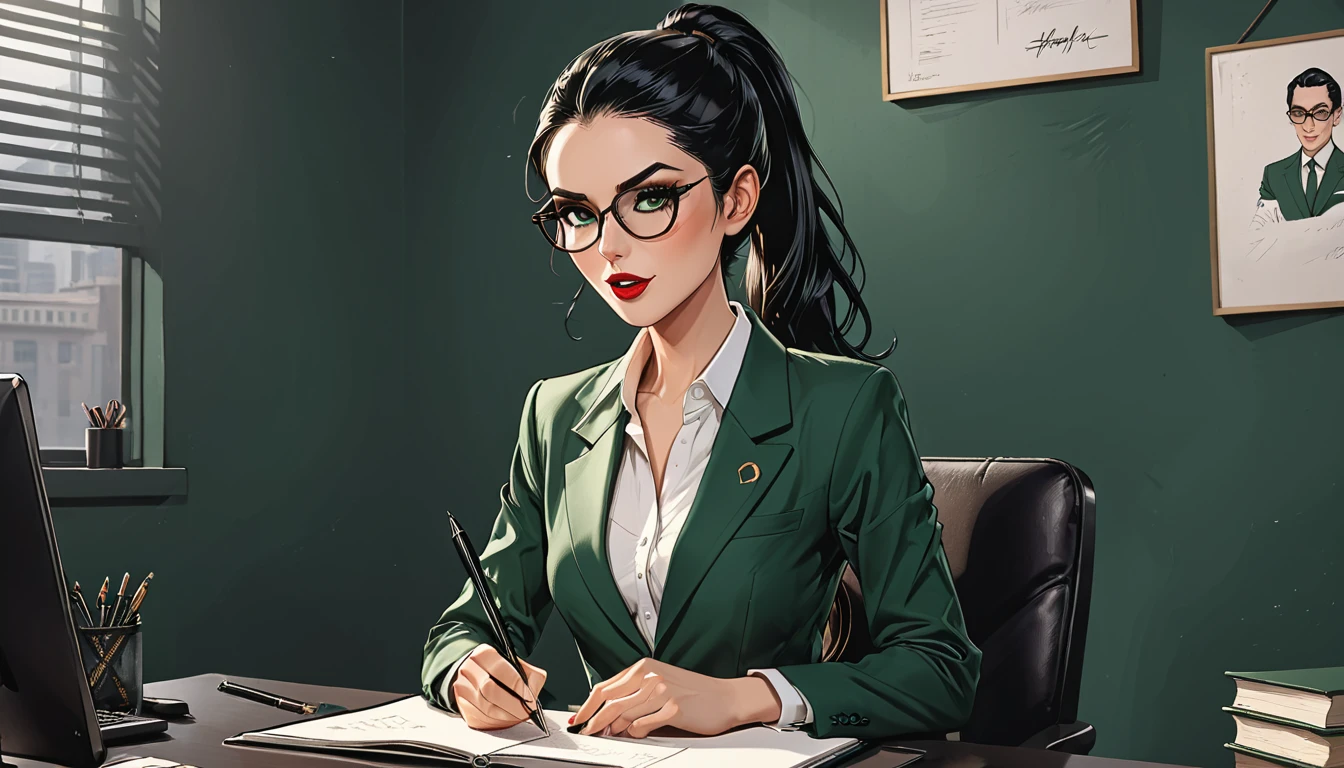 a girl sits in a chair with a notepad and a pen, a hand holds a pen, a girl in a classic dark green suit with round glasses and a white shirt (on a dark office background), (open mouth), (mouth opened), adult, [European], Ectomorph elongated body, slim body, skinny, perfect white skin, Long Diamond type Face, Long slim neck, broad shoulders, long slim thin arms, long fingers on the hands, round forehead, Attached Pointed ears, Long Sleek Straight Ponytail Slicked back black Hair, Hawk long Nose, Upturned Eyes type, Bold Tapered Eyebrows, Angular Narrow Symmetrical Cheekbones, Hollow Cheeks, Square Chin, Square Jawline, Heart Shaped nude Lips, Fine Puppet Wrinkles, (dark green eyes), Cut Crease make up style, Full on Top or Bottom breasts, second breast size, narrow hips, Slim thighs, graphic style of novel comics, perfect hands, 2d, 8k, hyperrealism, masterpiece, high resolution, best quality, ultra-detailed, super realistic, Hyperrealistic art, high-quality, ultra high res, highest detailed, lot of details, Extremely high-resolution details, incredibly lifelike, colourful, soft cinematic light,