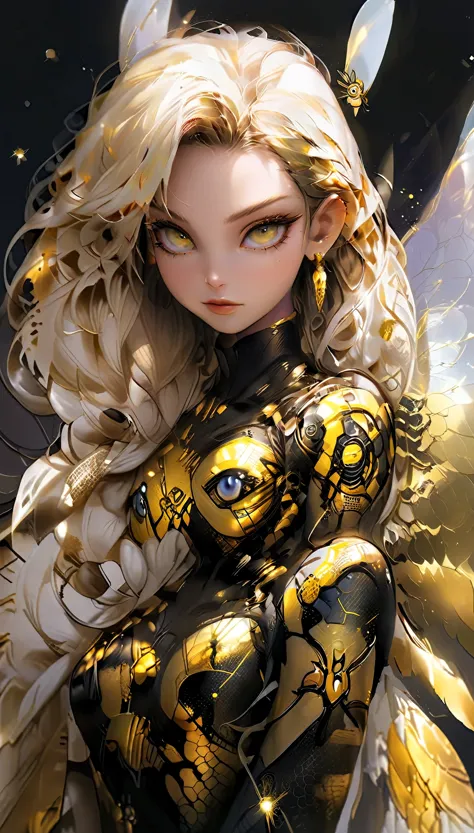 stunning and seductive pin-up style illustration in the spirit of anime, featuring a confident and curvaceous bee-girl with blon...