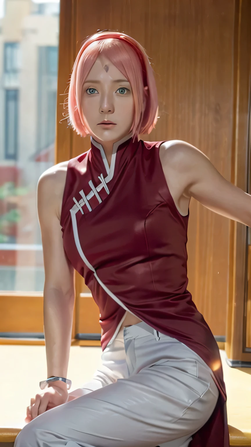 masterpiece, ,(solo:1.1), perfect face, (bright lighting:1.2),beautiful detailed eyes, extremely detailed face, perfect lighting,masterpiece, best quality, 1girl,haruno sakura, red sleeveless dress, white pants, bracelets, forehead mark, red hairband, small breast, medium hips, solo