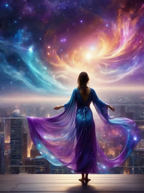 A female figure standing on the rooftop of a high-rise building，(Rooftop Focus)，Surrounded by swirling currents of cosmic energy...