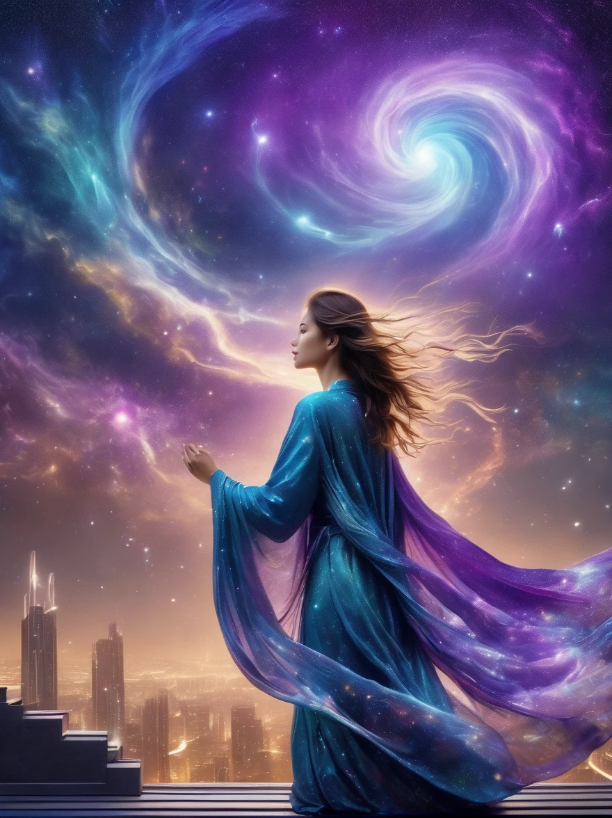 A female figure standing on the rooftop of a high-rise building，(Rooftop Focus)，Surrounded by swirling currents of cosmic energy，In a dream，hazy scenery，The silhouette of a person is wrapped in flowing starlight，A flowing robe that blends in with the galaxy，The sky is a tapestry of deep purples and blues，Scattered with stars，The scenery below is of gentle rolling high-rise buildings，The scene is peaceful and sublime，Capturing the magnificent essence of the universe in a single way，Contemplative figure standing in awe