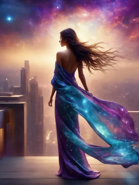 A female figure standing on the rooftop of a high-rise building，(Rooftop Focus)，Surrounded by swirling currents of cosmic energy...